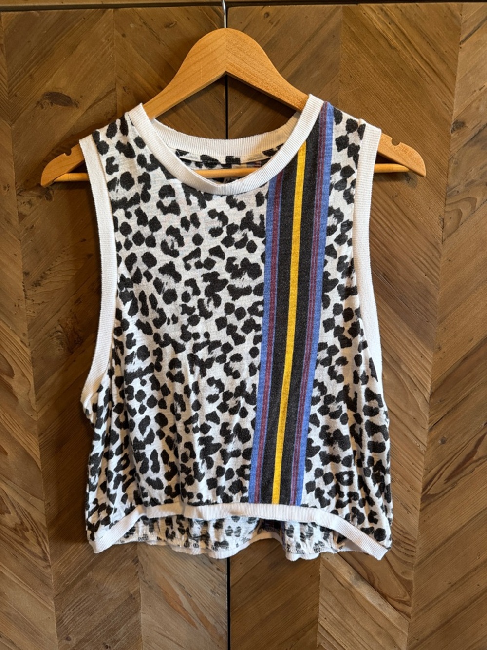 FP Movement by Free People White Leopard Tank with Blue, Purple & Yellow Stripe